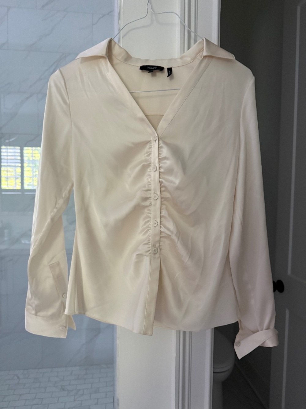 Theory Ruched Button Up Shirt, Size Small, Cream